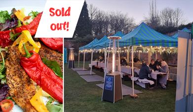 Two images - one of a Chilli dish and the other of people sitting enjoying a BBQ meal in the Walled Garden, with text saying Sold out.