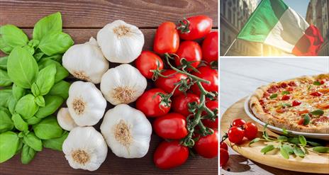 Collage of food associated with Italy, garlic tomato and green herbs, the Italian flag and a pizza on a wooden board with herbs and tomatoes surroundi