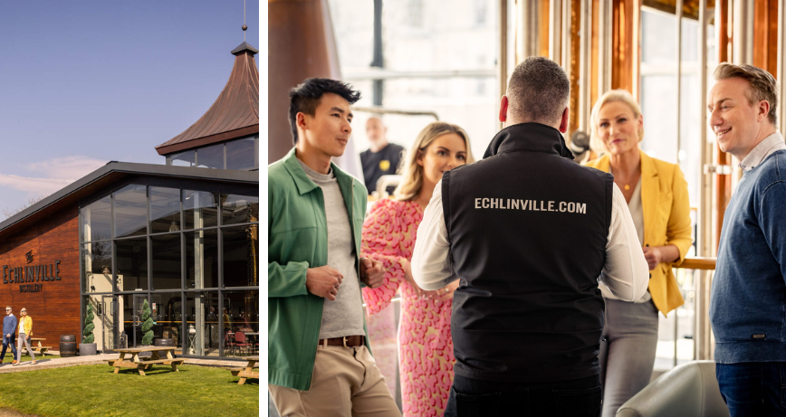Two images of a group enjoying a tour at Echlinville Distillery