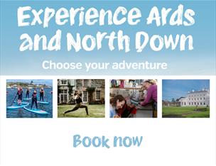 Image of a group of people paddle boarding, lady in yoga pose, man and lady making jewellery in a workshop, and image of Ballywalter House and grounds to summarize the Experience AND programme