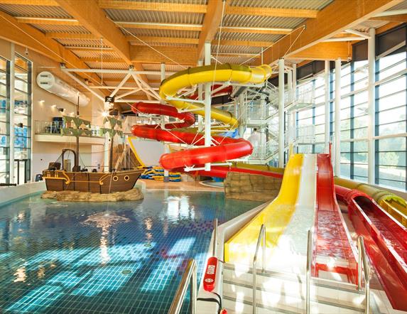 Image of the leisure waters at Bangor Aurora including play Pirate ship and water slides