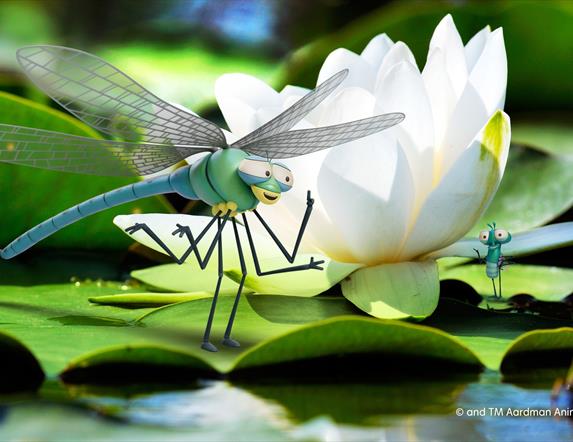 Dart the dragonfly standing beside Lloyd the fly on  a leaf on a pond.