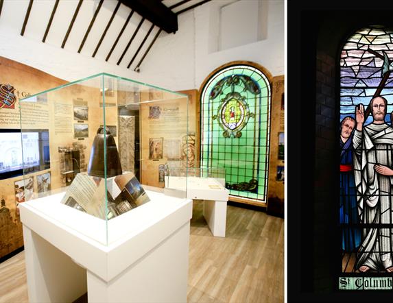 St Columbanus stained glass window, and the Bangor Bell on display in North Down Museum