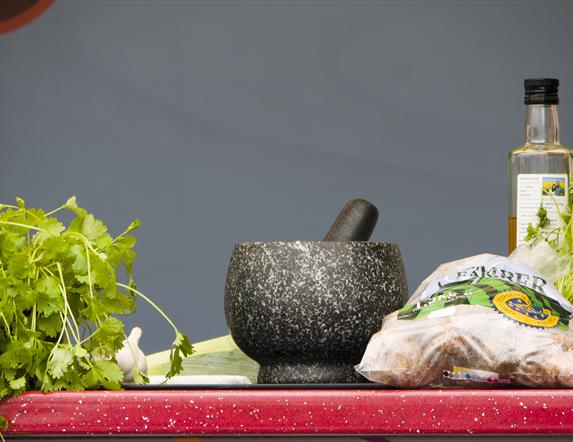 Ingredients and pestle and mortar at the Demo Kitchen