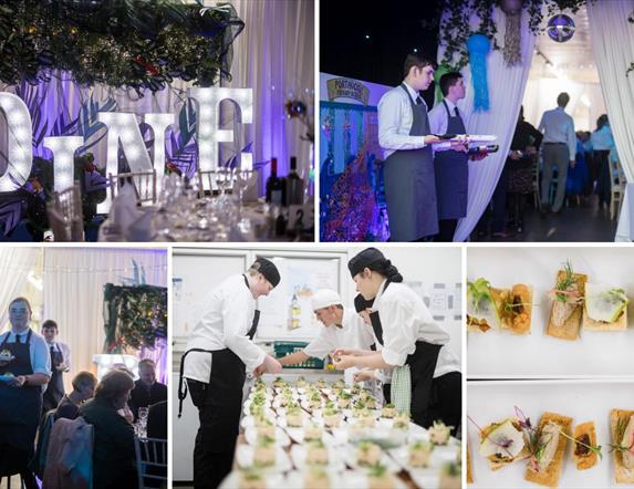 Collage of Dine at Dock images, waiters and waitresses serving food, and food dishes