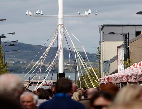 Image of Holywood Maypole dressed with ribbons for the annual May Day dancing event