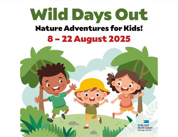 Graphic of three kids in the trees jumping and smiling, details say Wild Days Out Nature Adventures for Kids - 8 - 22 August 20-25