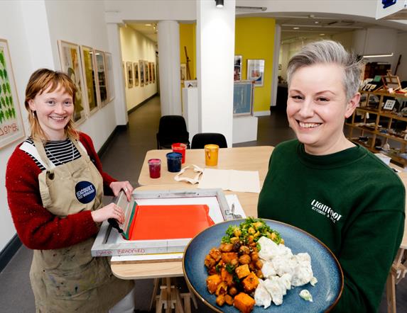 Artist Imogen Donegan and Nina Cristinacce of Lightfoot Kitchen and Deli in Seacourt Print Workshop, Bangor