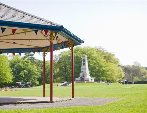 Photo of the brightly coloured bandstand where live music takes place in the summer months