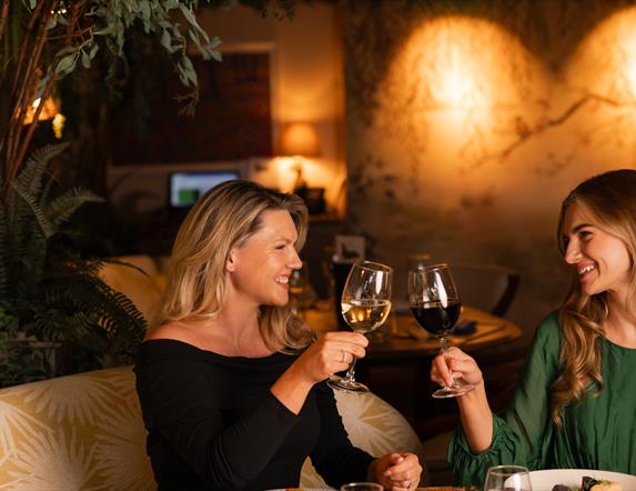two blonde females at The Old Inn cheering with a red and white wine