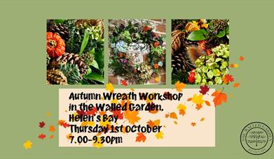 Autumn wreath making workshop using natural materials, dried flowers and garden foliage at The Walled Garden Helen's Bay