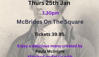 Image of Robert Burns on Tartan background. with details of event