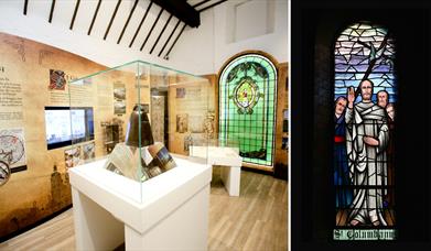 St Columbanus stained glass window, and the Bangor Bell on display in North Down Museum