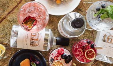 Gin bottles with 1614 gin labels with glasses filled with multiple drinks and cocktails, food plates including brie and fish dish