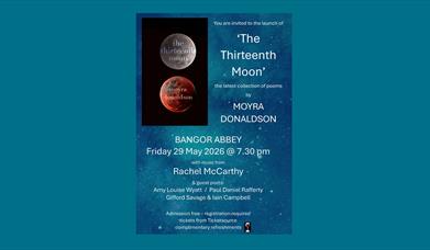 Moyra Donaldson Book Launch. Image shows a book cover with time and date of the event
