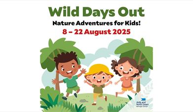 Graphic of three kids in the trees jumping and smiling, details say Wild Days Out Nature Adventures for Kids - 8 - 22 August 20-25