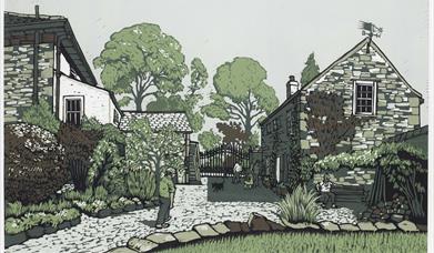 A painting of a house and garden by Richard Croft