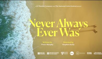 Promotional poster for the theatre production Never Always Ever Was. An aerial view shows waves meeting a sandy beach, with two small figures walking 