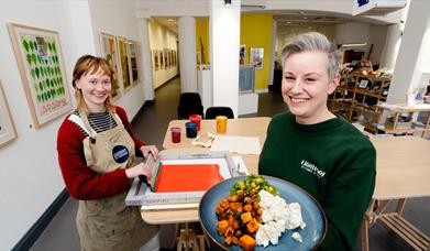 Artist Imogen Donegan and Nina Cristinacce of Lightfoot Kitchen and Deli in Seacourt Print Workshop, Bangor