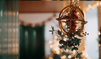 Focus on Christmas hanging decor with twinkling lights in the background