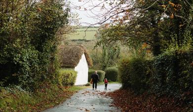 A man and child walking down a rural autumnal lane