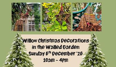 Promotional poster for willow Christmas decorations featuring willow decorations and event details.