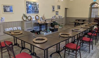 Workstations set up for wreath making