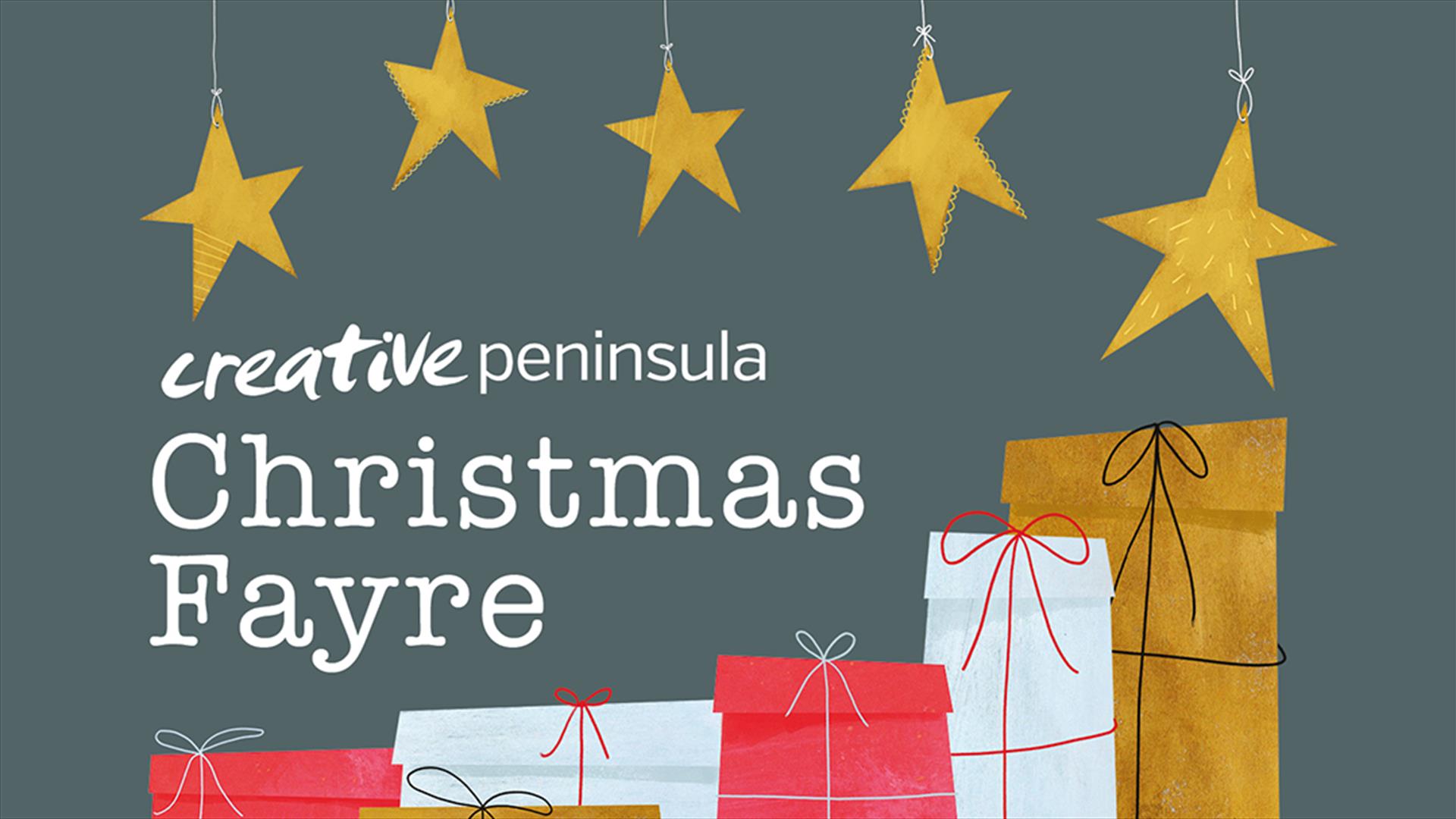 Creative Peninsula Christmas Fayre poster with hanging stars and colourful gift boxes.