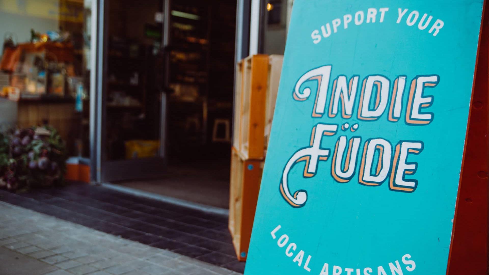 Close up of Indie Füde sign outside of their store