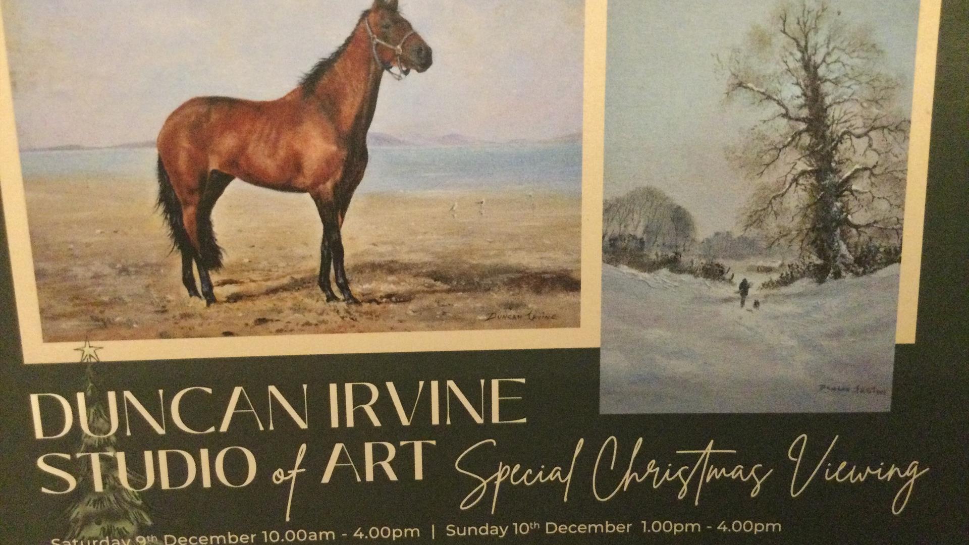 Oil on canvas, this racing horse was painted after watching the animal train on Rathmullan beach. The crisp snow scene was painted on location in Scot