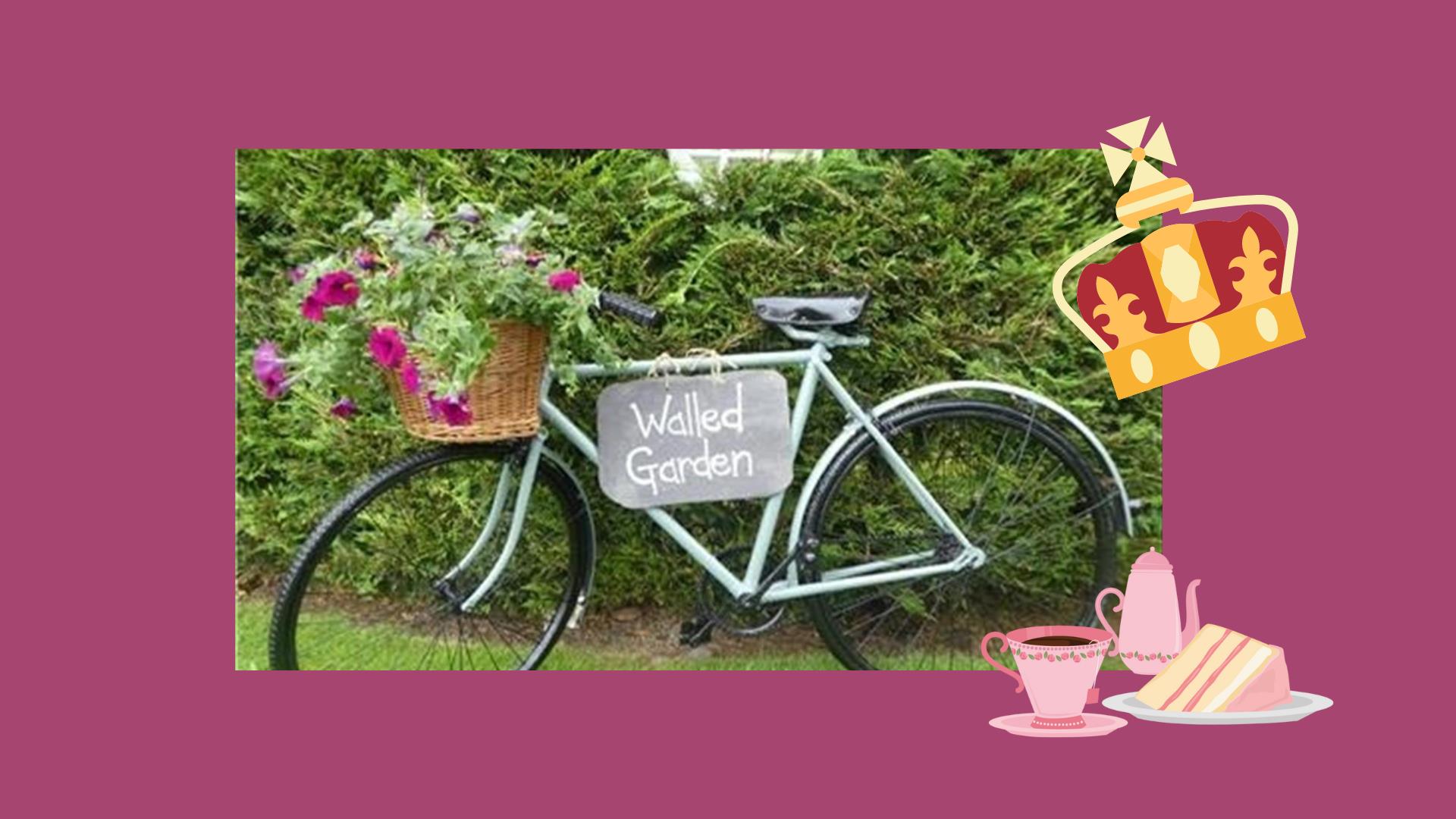 Decorative bicycle with flower basket and sign hanging off it with the words 'Walled Garden'