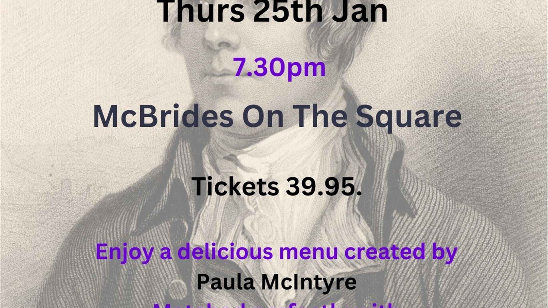 Image of Robert Burns on Tartan background. with details of event