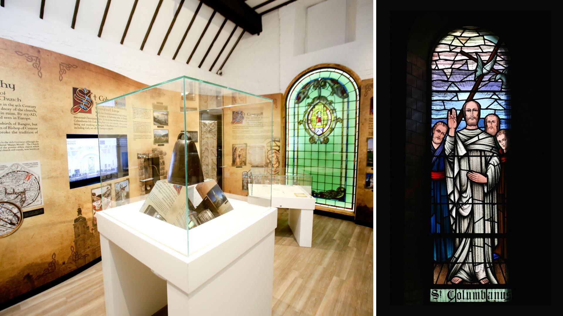 St Columbanus stained glass window, and the Bangor Bell on display in North Down Museum