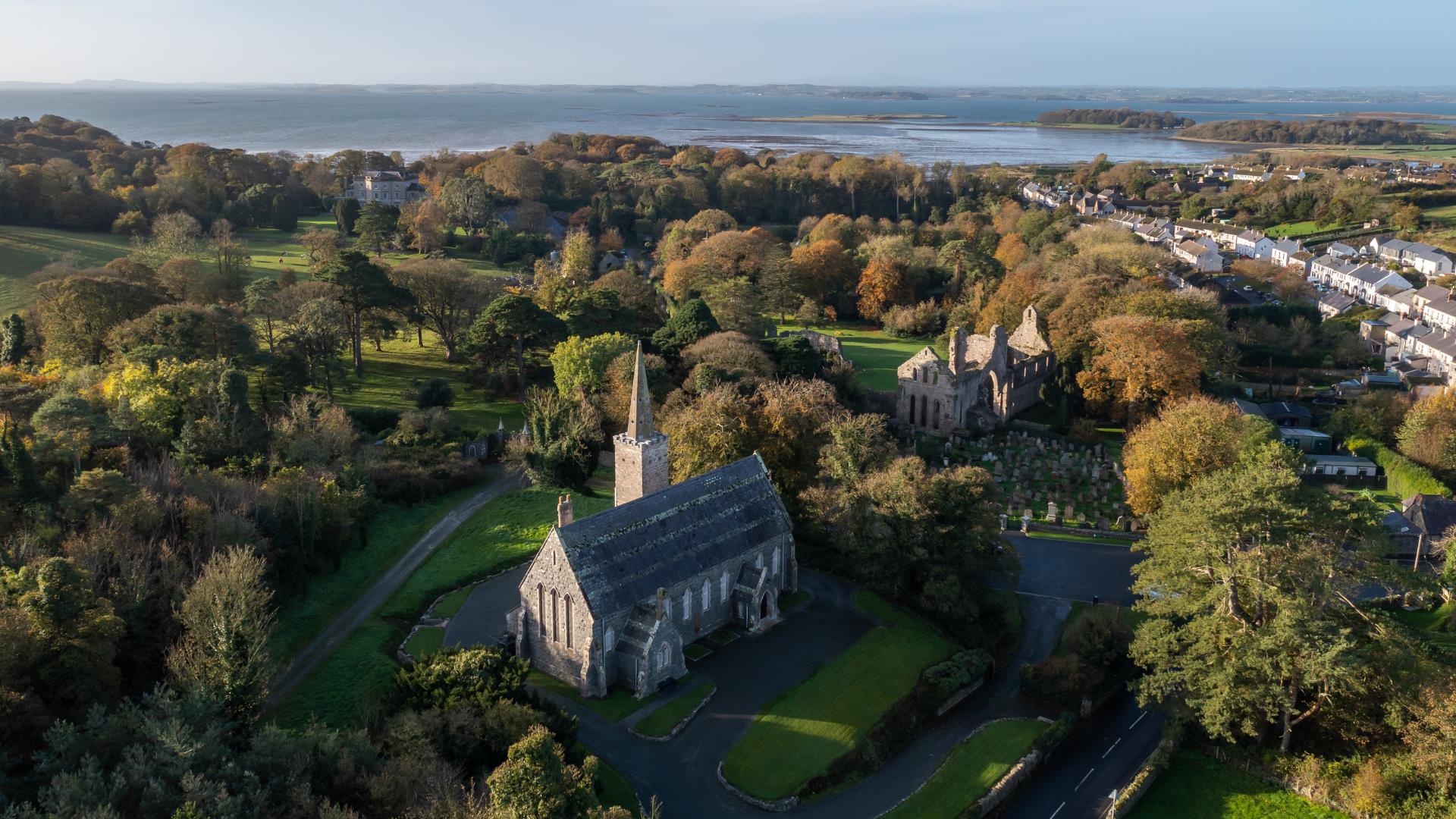 Birds eye view of Grey Abbey ruins, Greyabbey village and Grey Abbey House (Rosemount)