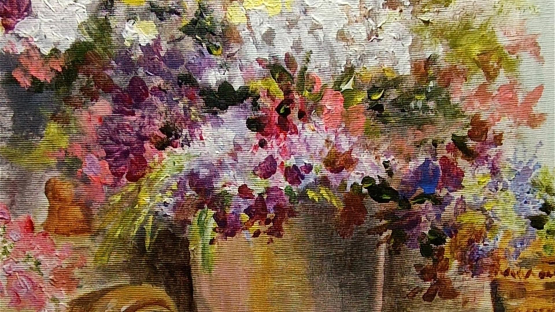 Flowers in pot.   Acrylic paint
