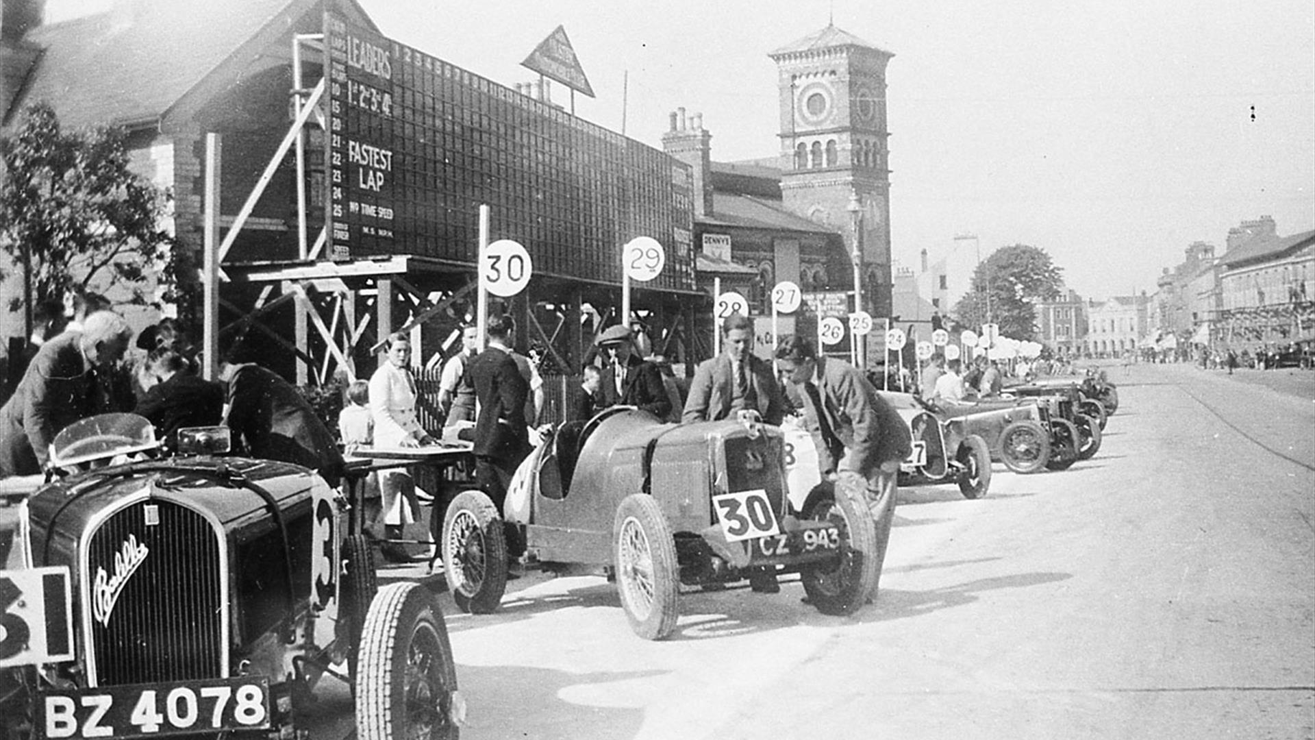 The pits at the 1936 County Down Trophy Race. Photo taken at Abbey Street, Bangor, beside Bangor Train Station.