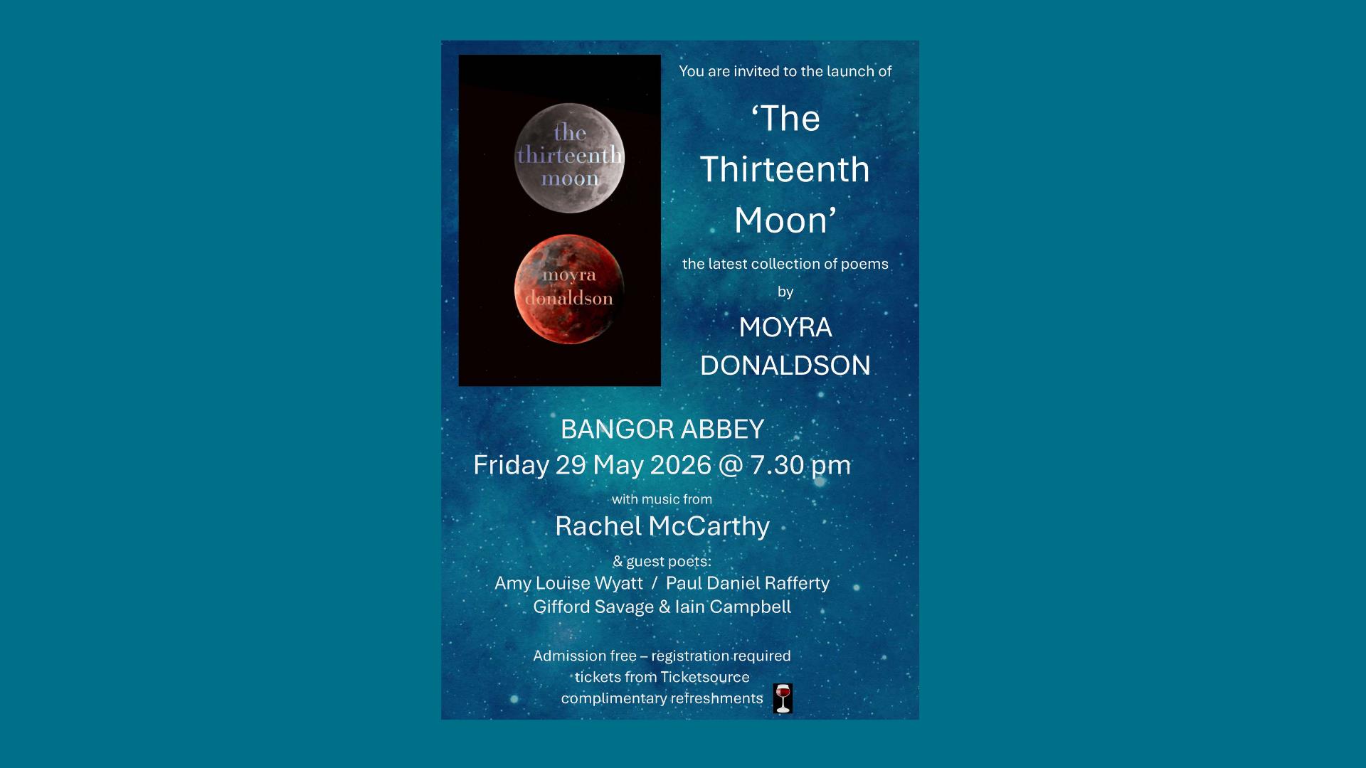 Moyra Donaldson Book Launch. Image shows a book cover with time and date of the event