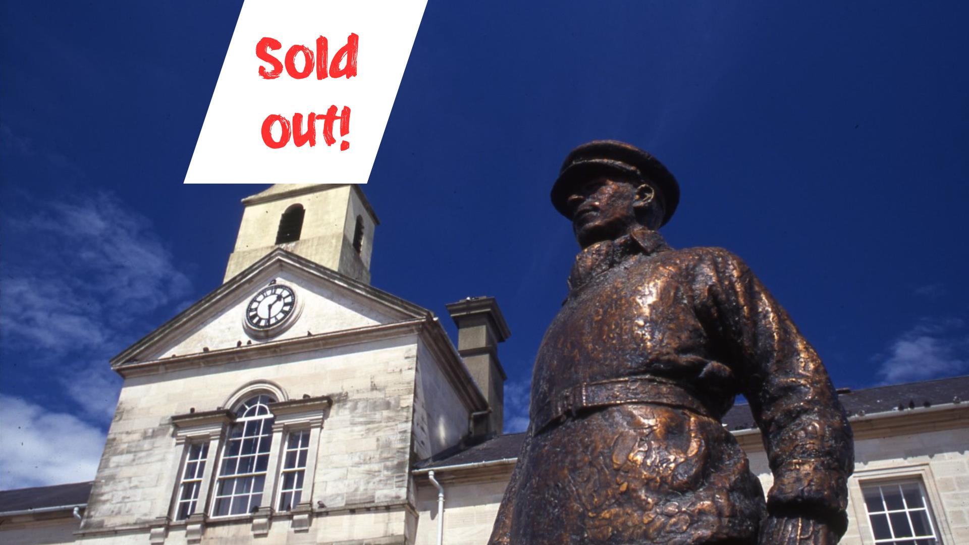 Ards Arts Centre and Blair Mayne statue in Conway Square Newtownards, with sold out note