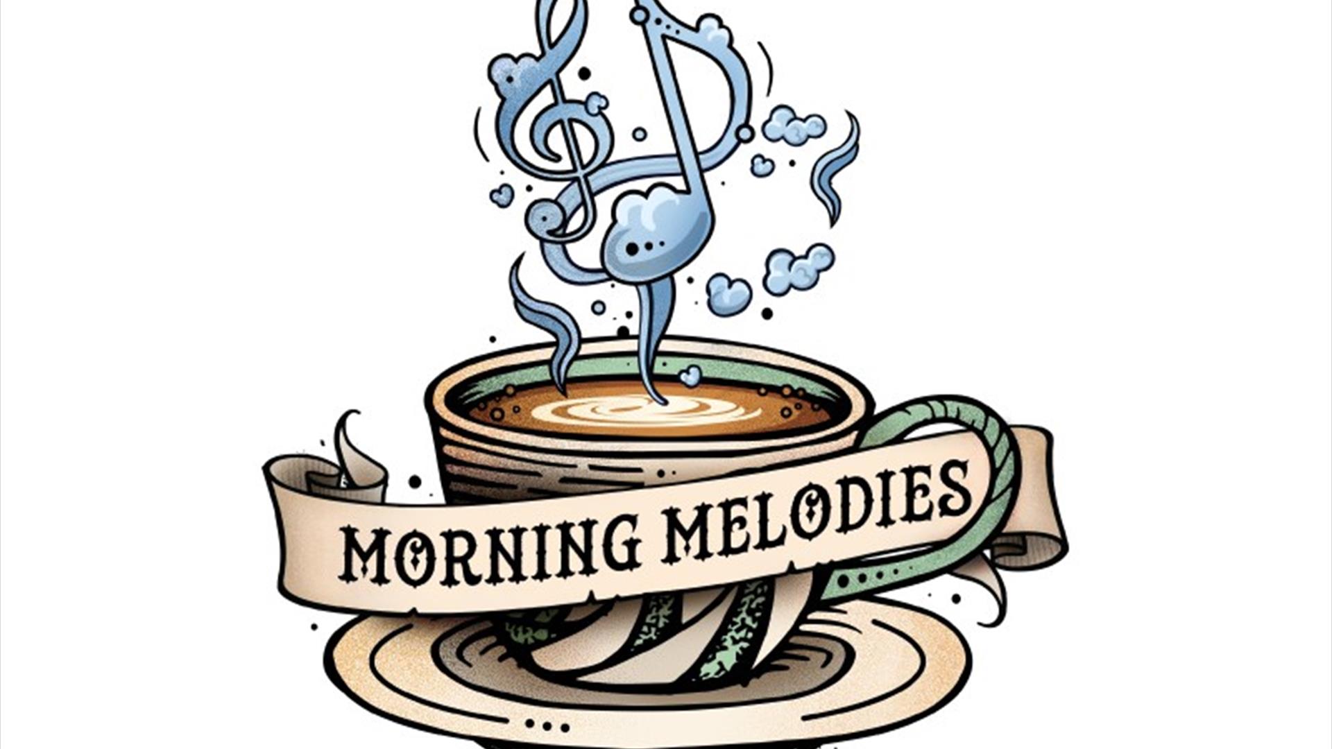 A tattoo style image of a capuccino cup and saucer, with the steam forming musical notes. There is a scroll in front of the cup saying 'Morning Melodi