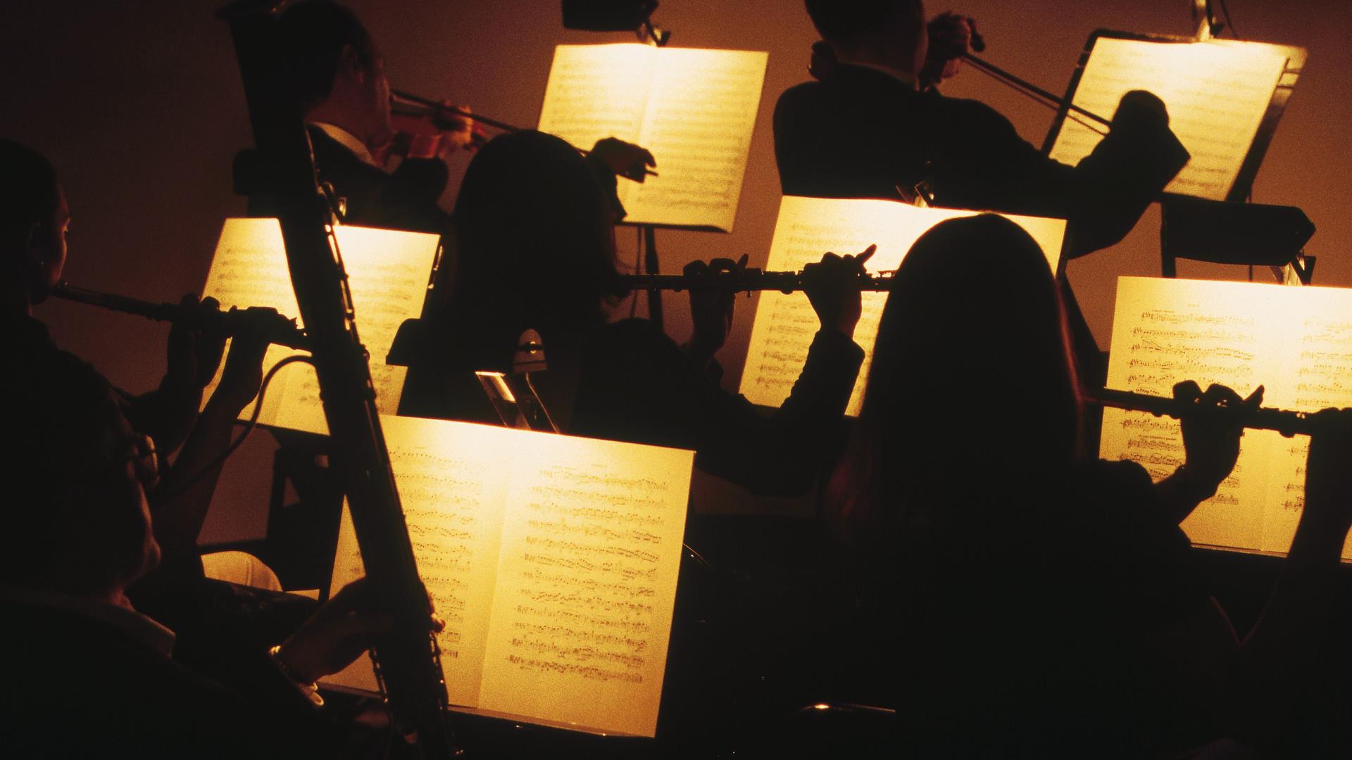 Orchestra players in silhouette