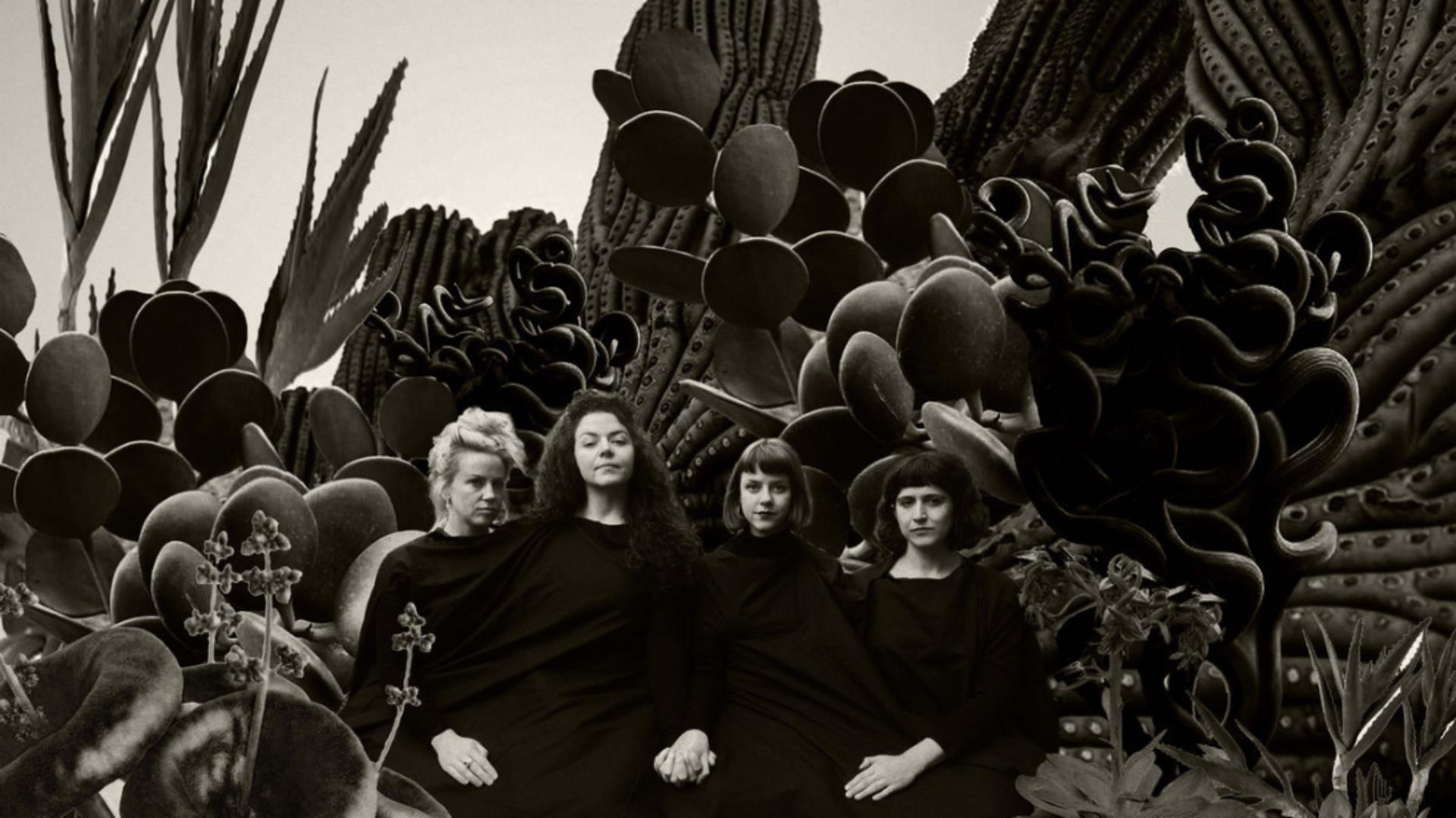 A black and white image of four women from a musical group with a backdrop of cactus