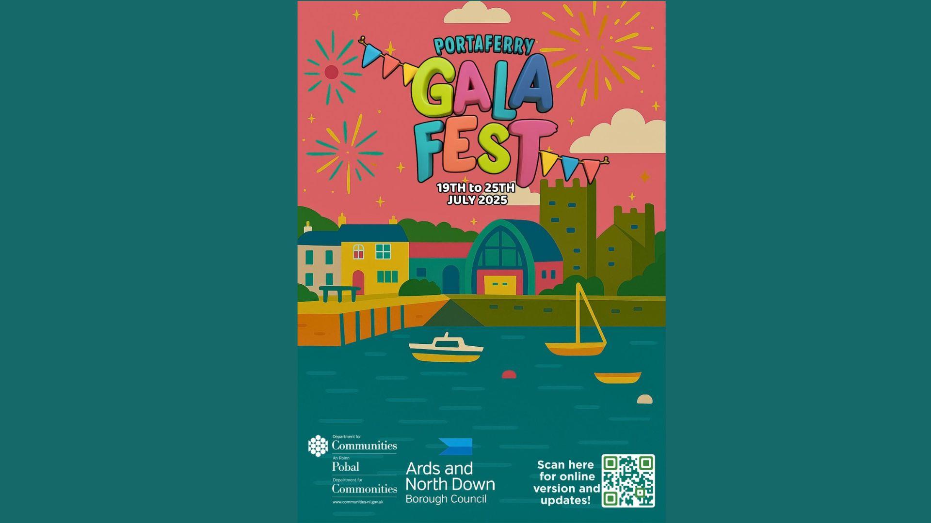 Graphic of Portaferry Gala Fest - 19 - 25 July 2025 with Portaferry shorefront an illustrated image