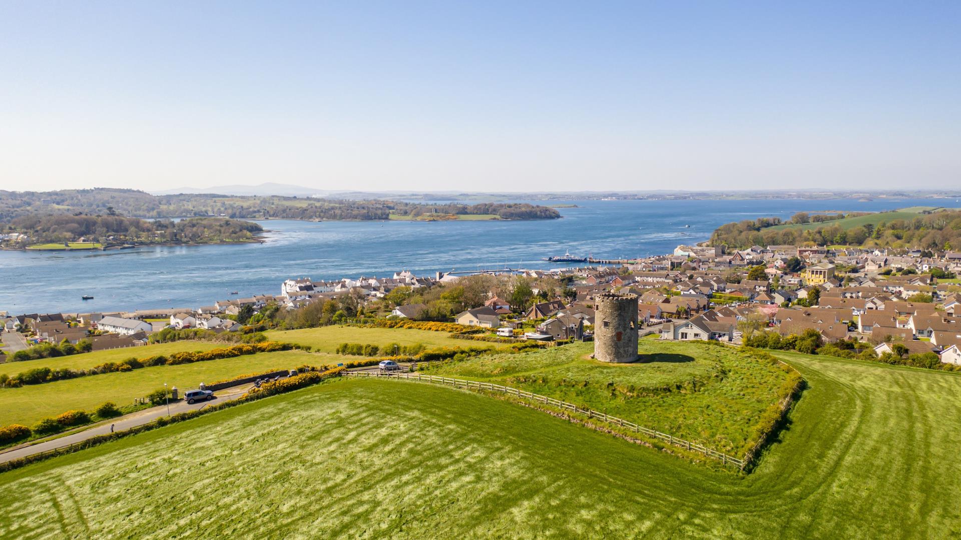 Views over Portaferry and Strangford Lough to Strangford, from Windmill Hill