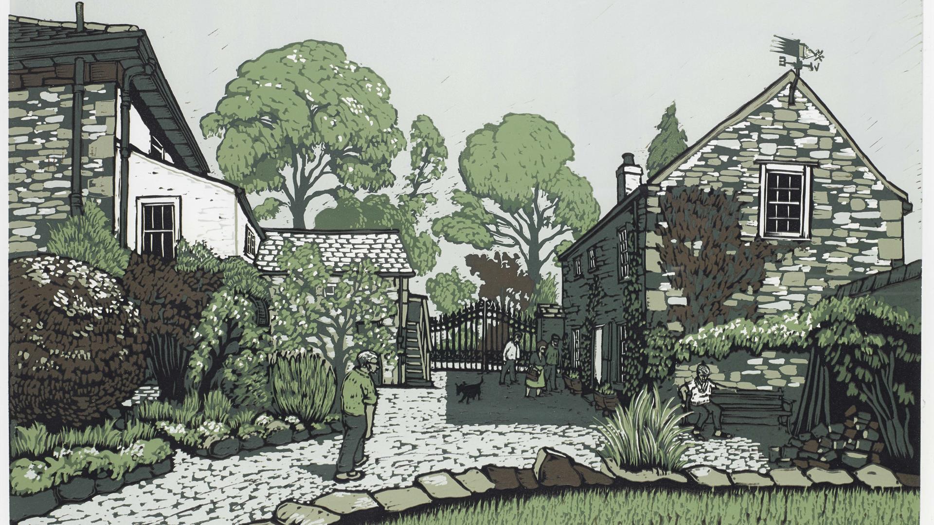 A painting of a house and garden by Richard Croft