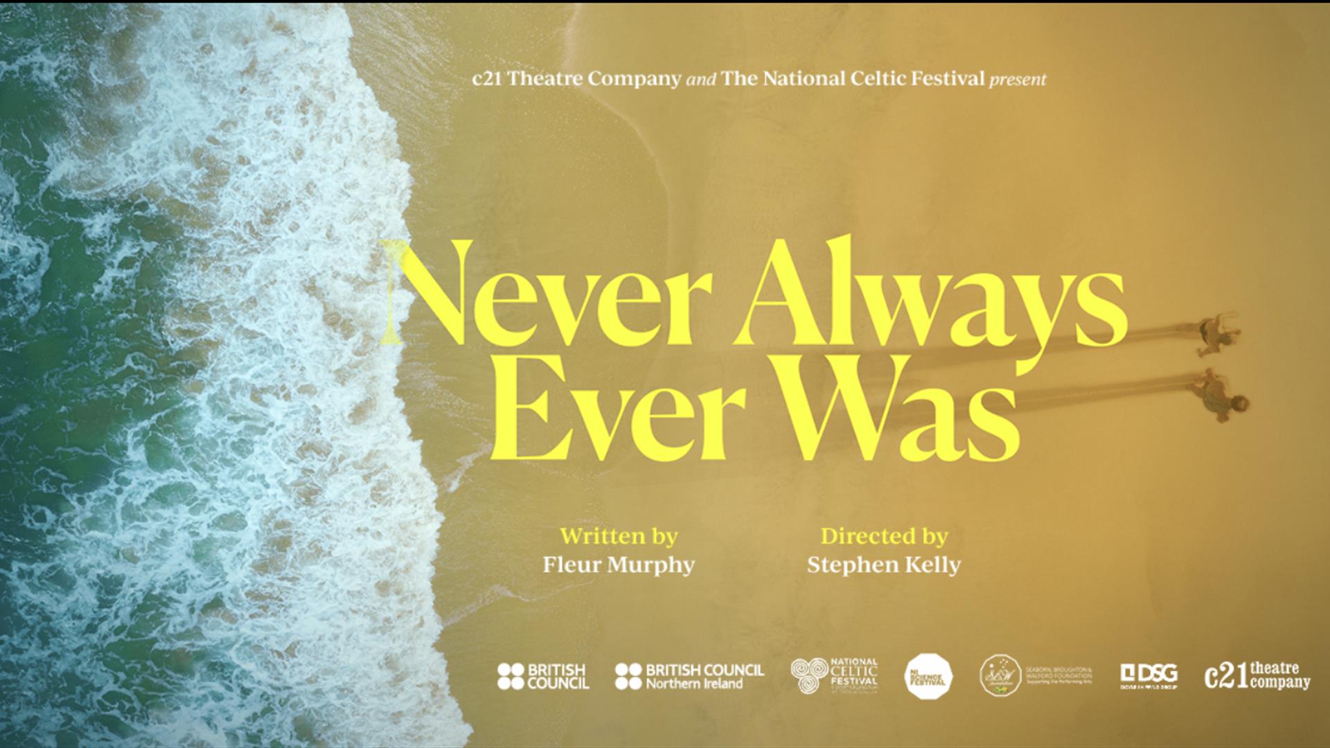 Promotional poster for the theatre production Never Always Ever Was. An aerial view shows waves meeting a sandy beach, with two small figures walking