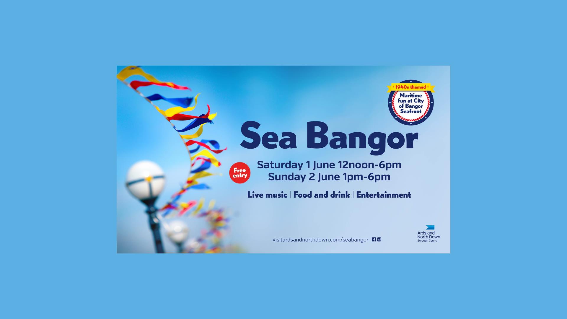 Artwork graphic, blue sky with yellow, blue and red bunting flying and event details, time and dates.