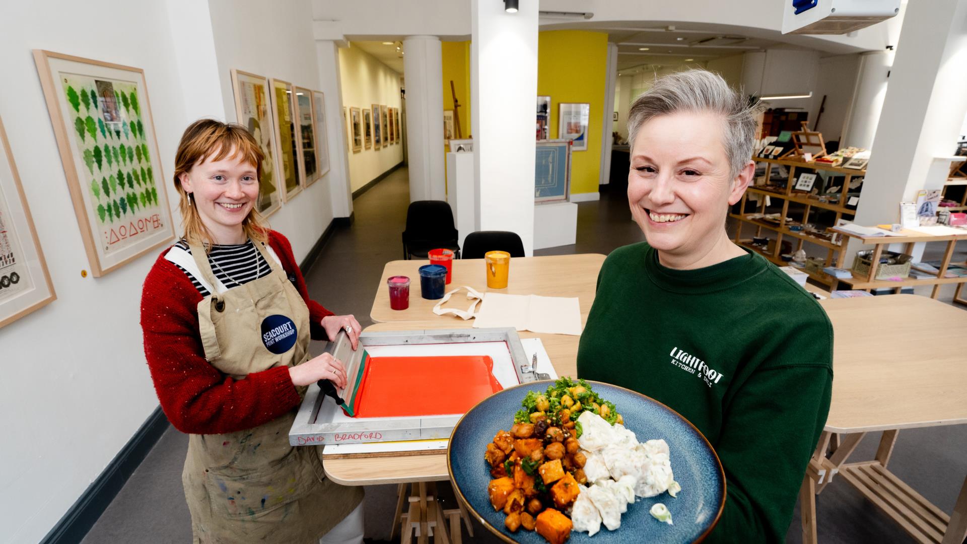 Artist Imogen Donegan and Nina Cristinacce of Lightfoot Kitchen and Deli in Seacourt Print Workshop, Bangor