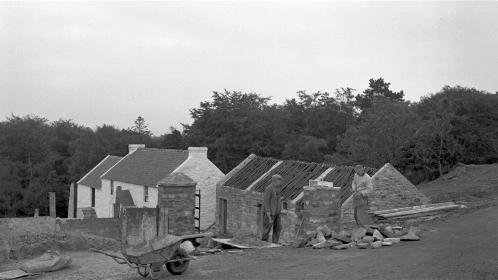 A black and white image of the ulster folk museum