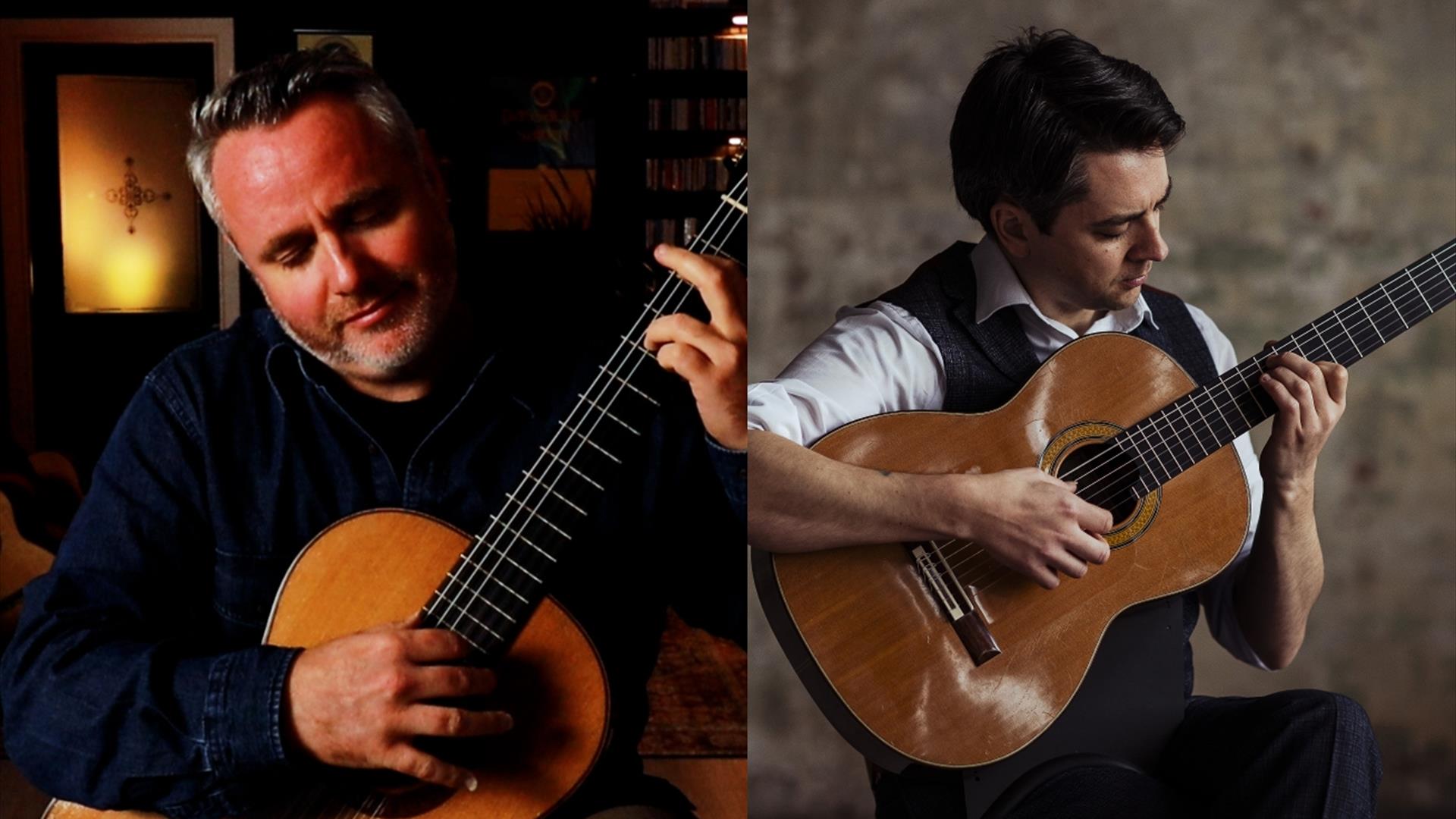 Guitarists Matthew McAllister and Manus Noble playing their guitars