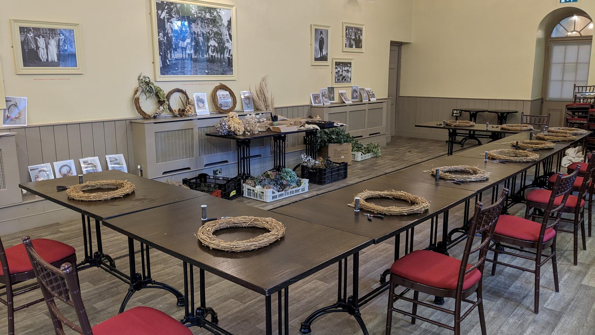 Workstations set up for wreath making